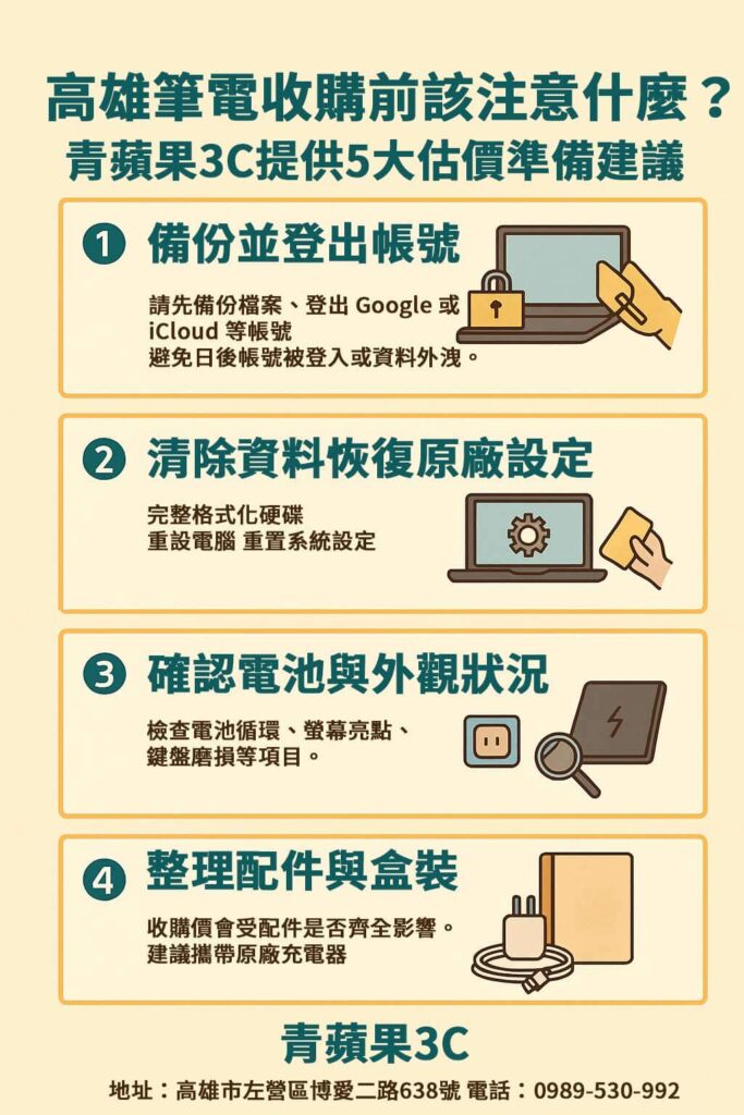 想在高雄賣筆電？本文整理5個收購前要做的準備步驟，包括備份資料、電池檢查與 LINE 詢價流程，來青蘋果3C高雄門市現場估價更安心！