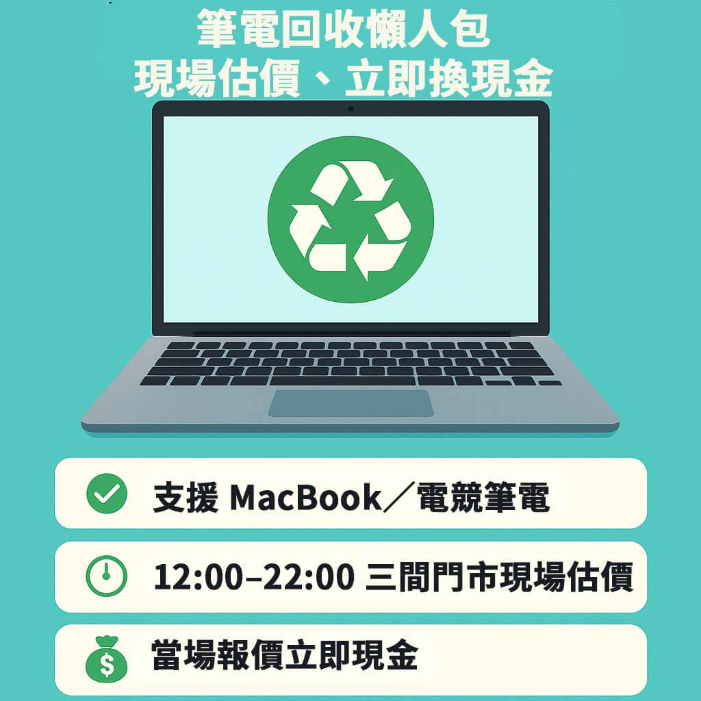 筆電回收懶人包圖卡,支援 MacBook 電競筆電,現場估價現金交易